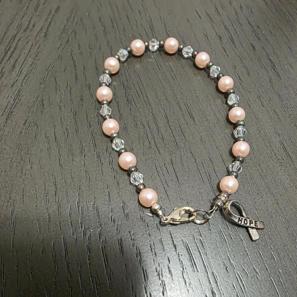 Hope Bracelet w/ Ribbon Charm | Pink Beaded Breast Cancer Awareness Bracelet - Picture 8 of 8